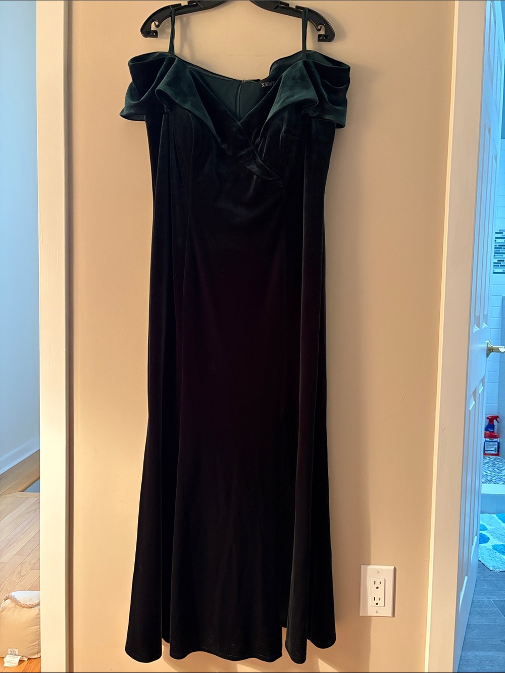 Xscape Forest Green Velvet Off-Shoulder Maxi Dress - Worn Once